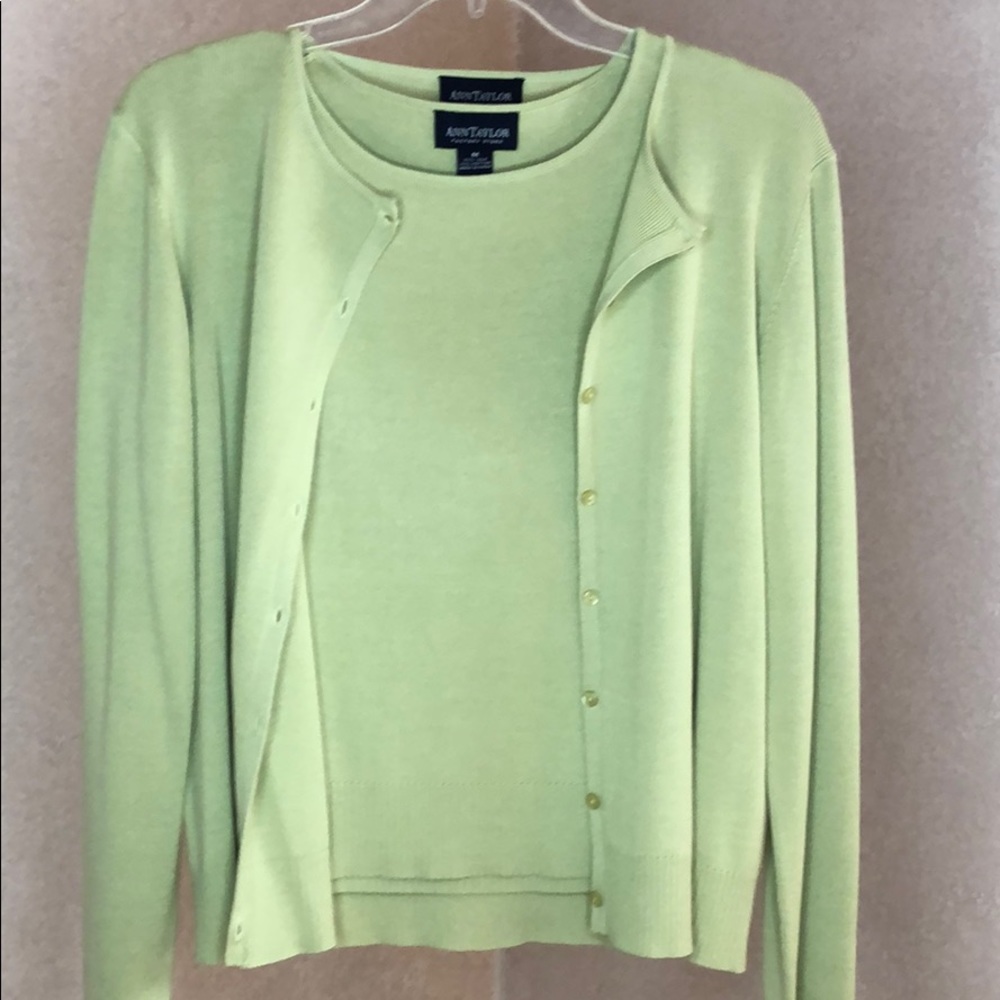 Ann Taylor Bright Green Cardigan and Tank Set.